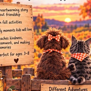 May include: A fluffy brown dog and a grey tabby cat sit on a wooden fence, both wearing orange and white chequered bandanas. A wooden sign displays text about a story, including paw print icons, against a backdrop of a sunset and autumn trees.