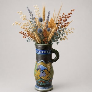 May include: A ceramic pitcher with a dark base and a colorful, hand-painted floral pattern in yellow, blue, and green. The pitcher is filled with a dried floral arrangement featuring blue thistle, golden wheat stalks, beige oats, and brown foliage.