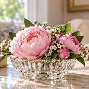 May include: A clear glass bowl with a faceted, pressed pattern containing a floral arrangement of large, light pink peonies, smaller pink peony buds, and clusters of tiny white filler flowers with green leaves tucked throughout the bouquet.