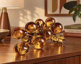 Vintage Amber Glass Grape Cluster 9" Mid Century Modern Art Glass Fruit Sculpture Collectible Decor