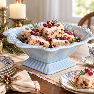 May include: A light blue ceramic pedestal bowl with a scalloped rim, filled with square pieces of cranberry cake topped with white glaze, fresh red cranberries, and green rosemary sprigs, arranged on a table setting.