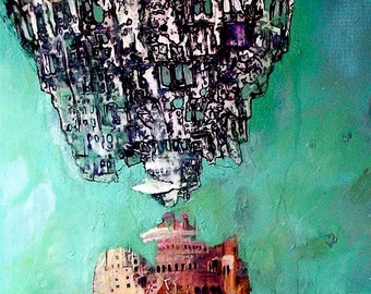 Topple” giclée -- ( seafoam green tower of Babel hourglass )  color print of original visionary oil painting