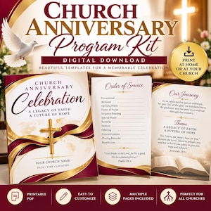 May include: A digital church anniversary program kit featuring a white dove, a gold cross, and maroon and gold accents. The text includes Church Anniversary Program Kit, Celebration, A Legacy of Faith, A Future of Hope, and Order of Service.