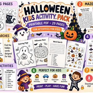 Halloween Activity Pack for Kids Printable, Halloween Coloring Pages Mazes Games, Kids Halloween Party Activity Bundle PDF