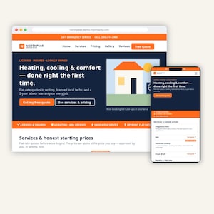 May include: A desktop and mobile website interface for Northpeak Heating & Air, featuring a dark blue and orange color scheme, text about heating and cooling services, a house illustration, and navigation menus with a free quote button.