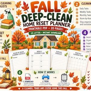 May include: A Fall Deep-Clean Home Reset Planner printable PDF with 20 pages. The graphic features autumn leaves, pumpkins, a house illustration, and checklists for seasonal cleaning, schedules, and home planning in US Letter size.
