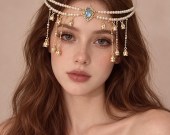 Stirnschmuck mit Boho-Perlenquaste, blaue Edelstein-Göttinnenkrone (Festival-Accessoire)