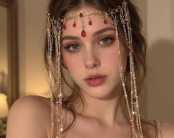 Cadena para la frente estilo boho con borla, joyería para el cabello con forma de lágrima y flor en oro y plata (aleación de zinc)