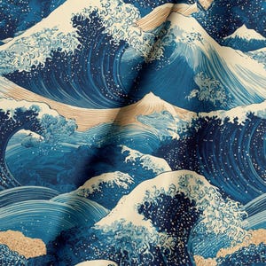 May include: A fabric featuring a repeating pattern of large, stylized ocean waves in shades of deep blue, light blue, and white, with beige foam accents. The design depicts cresting waves with intricate line work and textured water details.