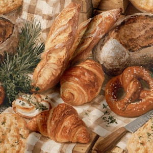 May include: A collection of baked goods including golden-brown baguettes, a flaky croissant, a salted pretzel, and round bread loaves. Fresh green rosemary sprigs are tucked between the items, and a metal knife rests on a checkered cloth.