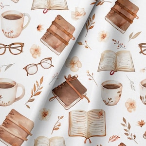May include: A white fabric featuring a repeating watercolour pattern of brown leather-bound journals, open books with visible pages, white ceramic mugs filled with dark coffee, brown-rimmed eyeglasses, and small light brown floral sprigs.