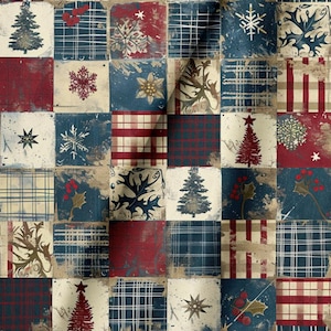 Peut inclure: Un tissu présentant un motif patchwork de carrés rouges, bleus et crème. Le design inclut des illustrations de sapins, de flocons de neige, de baies de houx et de feuilles, alternées avec des carrés à carreaux et rayés à la texture vieillie.
