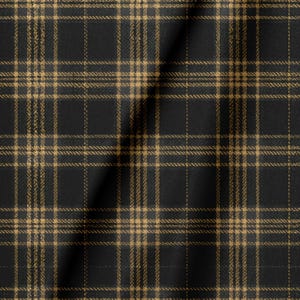 May include: A fabric featuring a dark black and tan plaid pattern. The design consists of intersecting horizontal and vertical lines in a classic tartan arrangement, creating a grid of squares across the surface of the textile material.