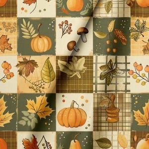 Könnte beinhalten: Ein Stoff mit einem quadratischen Gittermuster und Herbstmotiven wie orangefarbenen Kürbissen, braunen Pilzen, verschiedenen grünen und gelben Blättern, Beeren und Eicheln. Der Hintergrund wechselt zwischen Dunkelgrün, Hellbraun und Karomuster.