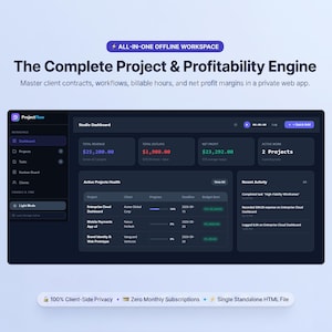 May include: A dark-themed ProjectFlow web application dashboard interface displaying project metrics, revenue, and profitability. The layout includes a sidebar navigation, active project health tables, and recent activity logs with a clean, professional design.