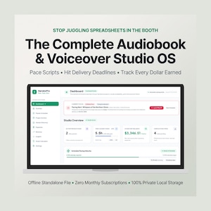 Könnte beinhalten: Eine digitale Dashboard-Oberfläche mit dem Titel The Complete Audiobook & Voiceover Studio OS, die Bereiche für Projektverfolgung, Studioübersicht, aktive Produktionen, protokollierte Zeit, Nettobilanz und offene Aufgaben anzeigt.