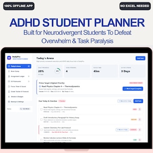 May include: A digital ADHD student planner interface displayed on a screen, featuring sections like Today's Arena, Brain Dump, and Assignment Ledger. The dashboard shows task progress, pending items, focus time, and a list of academic assignments.