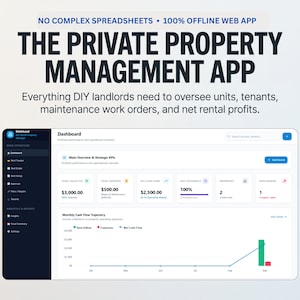 Peut inclure: Un tableau de bord numérique pour une application de gestion immobilière intitulée The Private Property Management App. L'interface affiche des indicateurs financiers tels que le total encaissé, les dépenses, le flux de trésorerie et un graphique.