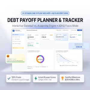May include: A digital debt payoff planner and tracker web app interface featuring a dashboard with financial metrics, a debt breakdown pie chart, and a payoff trajectory graph. The UI includes text labels like Debt Payoff Planner & Tracker, Interactive Snowball vs. Avalanche Engine, and ADHD Focus Mode.