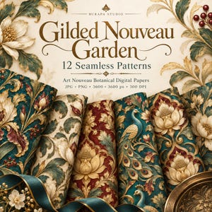 May include: A digital paper collection titled Gilded Nouveau Garden featuring 12 seamless patterns with botanical and peacock motifs in teal, cream, and deep red. The text reads Burapa Studio, Gilded Nouveau Garden, 12 Seamless Patterns, Art Nouveau Botanical Digital Papers, JPG + PNG, 3600 x 3600 px, 300 DPI.