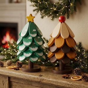 Puede incluir: Dos árboles decorativos de mesa con piezas de madera en forma de pétalos superpuestas. El árbol de la izquierda es verde con puntas pintadas de blanco y una estrella amarilla en la cima. El árbol de la derecha tiene tonos de madera natural.