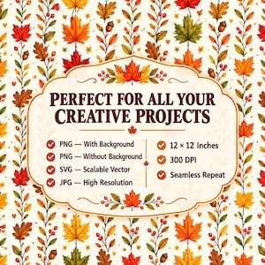 May include: A digital pattern featuring autumn leaves, acorns, and berries in shades of red, orange, yellow, and brown. A central label displays the text: PERFECT FOR ALL YOUR CREATIVE PROJECTS, listing file formats, 12 x 12 inches, 300 DPI, and seamless repeat.