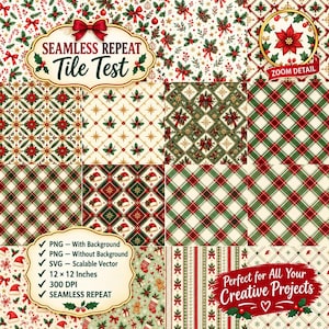 May include: A digital collection of seamless Christmas patterns featuring red poinsettias, green holly leaves, plaid designs, Santa hats, and candy canes. The image includes text labels such as Seamless Repeat Tile Test and Zoom Detail.