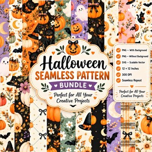 Halloween naadloos patroonpakket, schattig pompoen, zwarte kat en spook digitaal papier, PNG SVG 12x12, commercieel gebruik scrapbook stof achtergrond