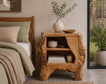 Mesa de cabeceira rústica em madeira maciça com borda natural, mesa lateral orgânica em madeira, mesa de apoio em madeira natural, móveis para quarto estilo boho.