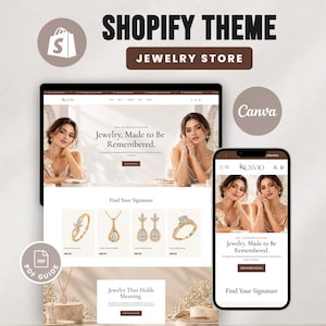 May include: A Shopify theme for a jewelry store displayed on a desktop monitor and a smartphone screen. The website features the text Jewelry, Made to Be Remembered, Find Your Signature, and Jewelry That Holds Meaning, with product images.