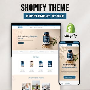 Könnte beinhalten: Eine digitale Darstellung eines Shopify-Themes für einen Nahrungsergänzungsmittel-Shop mit Desktop- und Mobilansicht. Die Nutravio-Website zeigt Produktbilder von Nahrungsergänzungsmitteln und den Text Built for Energy.