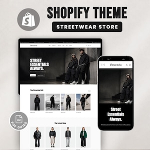May include: A Shopify theme for a streetwear store displayed on a desktop monitor and a smartphone screen. The website features the text "SHOPIFY THEME STREETWEAR STORE," "STREET ESSENTIALS ALWAYS," "The Streetvie Edit," and "The Latest Drop."