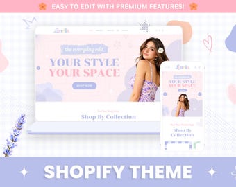 May include: A digital mockup of a Shopify theme displayed on a laptop and a smartphone screen. The interface features a pastel color palette with the text "the everyday edit," "YOUR STYLE YOUR SPACE," "SHOP NOW," and "Shop By Collection."