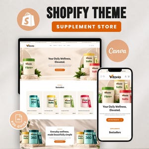 Puede incluir: Una visualización digital de un tema de Shopify para una tienda de suplementos, que muestra una vista de sitio web de escritorio y una vista de teléfono móvil. La interfaz presenta envases de productos Vitavio como Fibre+, Salts y 360, con el texto Your Daily Wellness, Elevated y Bestsellers.