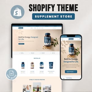 May include: A Shopify theme for a supplement store displayed on a desktop monitor and a smartphone screen. The website features the text Nutravio, Built for Energy, Designed for Life, and Bestseller. A PDF guide icon is visible in the corner.