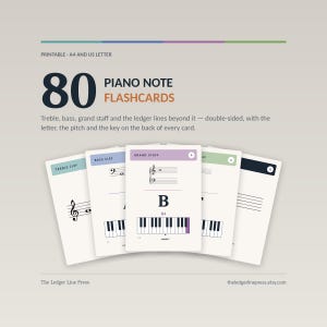 Piano Note Flashcards Printable, 80 Music Theory Flashcards for Beginners, Treble Bass Grand Staff, Double Sided, PDF Digital Download