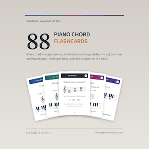 May include: A set of 88 printable piano chord flashcards featuring major, minor, diminished, and augmented triads in root position and inversions. The cards display musical notation, piano keys, and text explanations for treble and bass clefs.