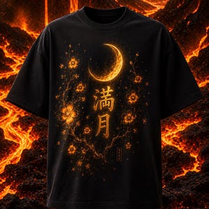 Può includere: Una t-shirt nera a maniche corte con una grafica arancione luminosa che raffigura una luna crescente, rami di ciliegio in fiore e i caratteri kanji giapponesi per luna piena, con un piccolo sigillo rettangolare in basso.
