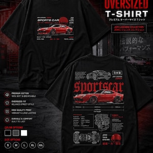 May include: A black oversized t-shirt featuring a red sports car graphic on the front and back. The front displays the text SPORTS CAR and JDM-LEGENDS. The back includes technical diagrams, engine specifications, and the text sportscar and JAPAN.