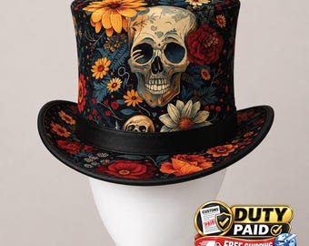 May include: A top hat featuring a black base with a vibrant floral pattern of yellow, orange, and red flowers interspersed with green foliage and a prominent central human skull illustration. The hat includes a solid black band around the base.
