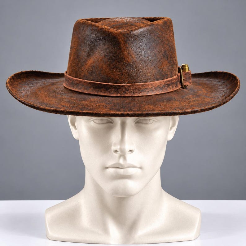 May include: A brown fedora hat with a distressed, weathered texture. The hat features a pinched crown, a wide brim, and a matching brown band around the base. A small, metallic brass-colored buckle is attached to the side of the hat band.