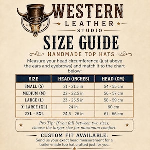 May include: A Western Leather Studio size guide for handmade top hats. The chart lists sizes from Small to 2XL-5XL with corresponding head measurements in inches and centimeters. It includes instructions for measuring head circumference and custom fit options.