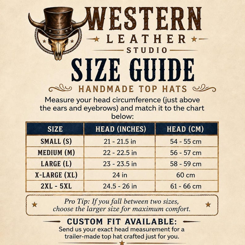 May include: A Western Leather Studio size guide for handmade top hats. The chart lists sizes from Small to 2XL-5XL with corresponding head measurements in inches and centimeters. It includes instructions for measuring head circumference and custom fit options.