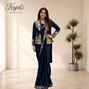 Broderad paljett-crepe sari med jacka, färdig indisk bröllopsoutfit