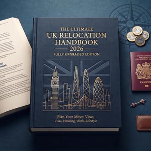 May include: A dark blue hardback book titled The Ultimate UK Relocation Handbook 2026 featuring a gold London skyline design. Alongside are an open book, a burgundy passport, a small canvas tote bag, tortoise shell glasses, and various coins.