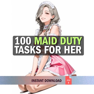 Könnte beinhalten: Eine digitale Illustration einer Person mit hellbraunem Haar in Zöpfen, die ein rosa-weißes Dienstmädchen-Outfit mit gerüschter Schürze und Kopfschmuck trägt. Der Text 100 MAID DUTY TASKS FOR HER steht in einem dunkelgrauen Kasten mit grünen Akzenten.