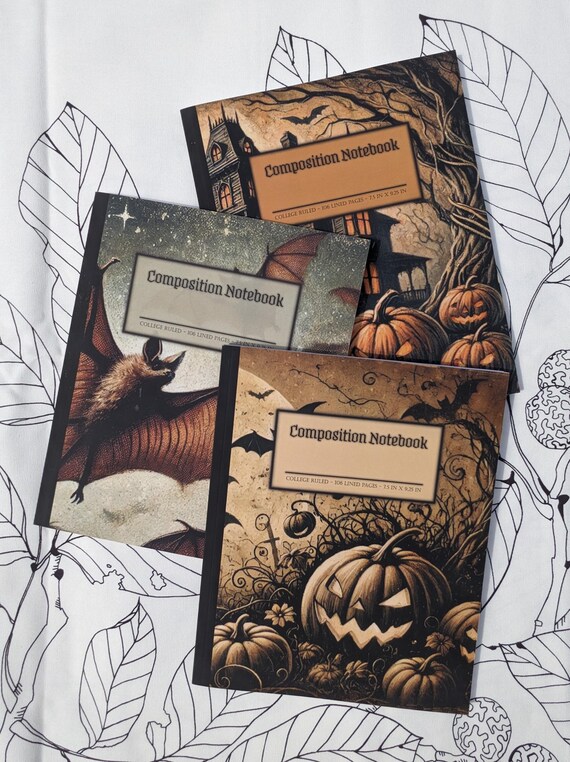 Halloween Notebooks, Bats, Pumpkins, Haunted Houses, Ghosts, Graveyards, Vintage Look, 7.5 X 9.25 in, College Ruled, 106 Lined Pages, Office