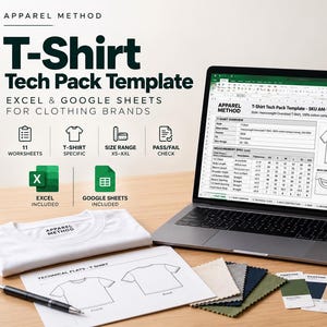May include: A T-Shirt Tech Pack Template displayed on a laptop screen, featuring Excel and Google Sheets icons, a white t-shirt, technical flat sketches, fabric swatches, a pen, a spiral notebook, and a measuring tape on a wooden surface.