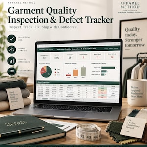 Peut inclure: Un ordinateur portable affichant un tableur de suivi des défauts et d'inspection de la qualité des vêtements avec des graphiques, un ruban à mesurer, un carnet, un stylo, des échantillons de tissu et des cartes avec du texte incluant Good Products Build Stronger Brands.