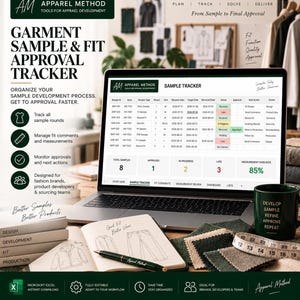 May include: A laptop displaying a Garment Sample & Fit Approval Tracker spreadsheet, accompanied by a notebook with garment sketches, a pen, fabric swatches, a measuring tape, and a dark green mug labeled with apparel development steps.